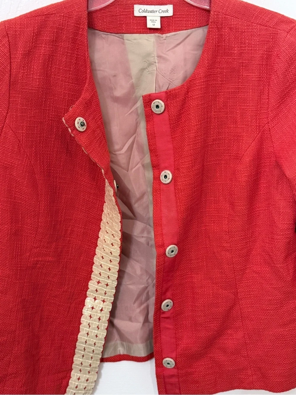 Coldwater Creek Orange Cropped Jacket with Mother of Pearl Decorative Trim